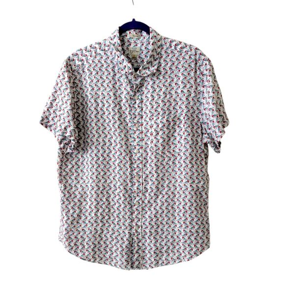 J. Crew 100% Linen Classic Short Sleeve Sz Large Bird Print White Shirt Preppy - Picture 7 of 9
